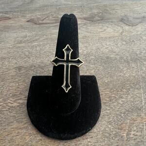 Black Enamel Gothic Cross Ring on Gold Tone Band - Size 8